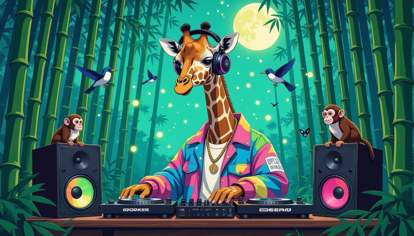 Giraffe DJ in Bamboo Forest: Surreal Art