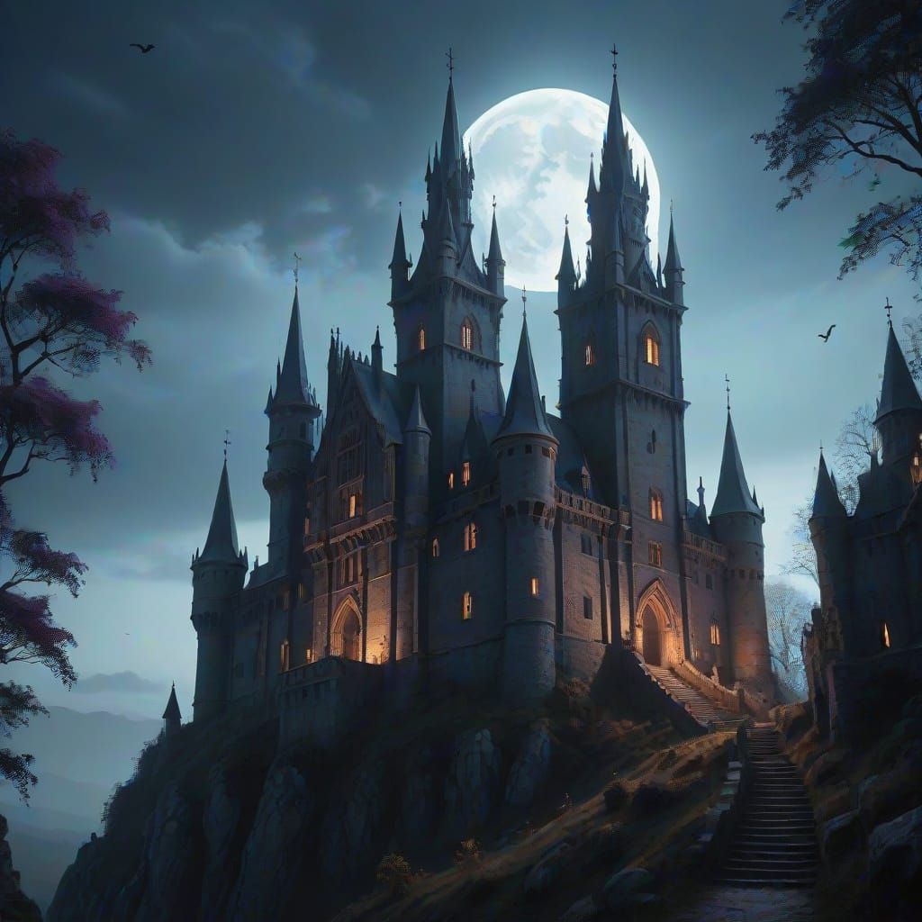 Gothic Castle Illuminated by Silver Moonlight