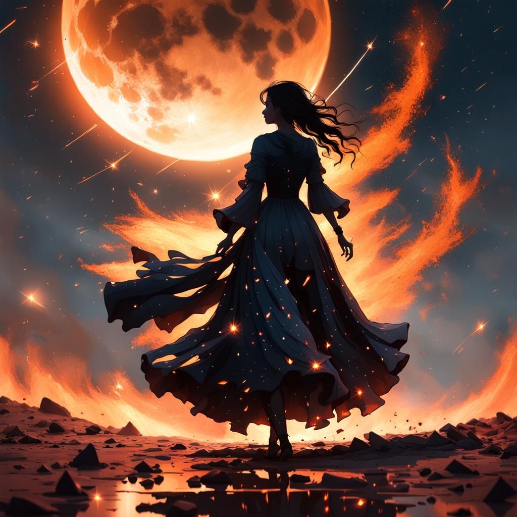 Lonely Woman and Exploding Moon in Dramatic Digital Art