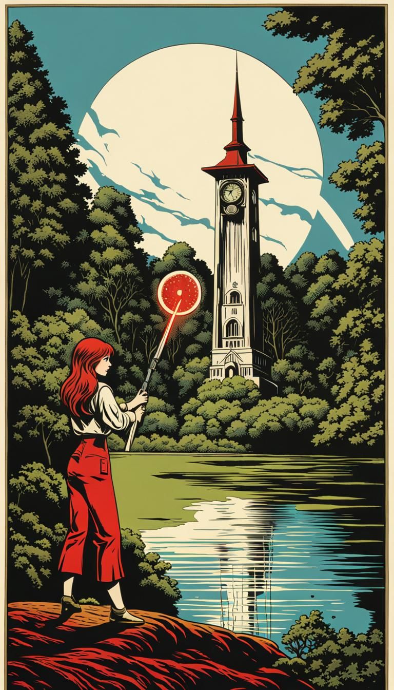 1970s Sci-Fi Woodcut of Girl with Laser Blade