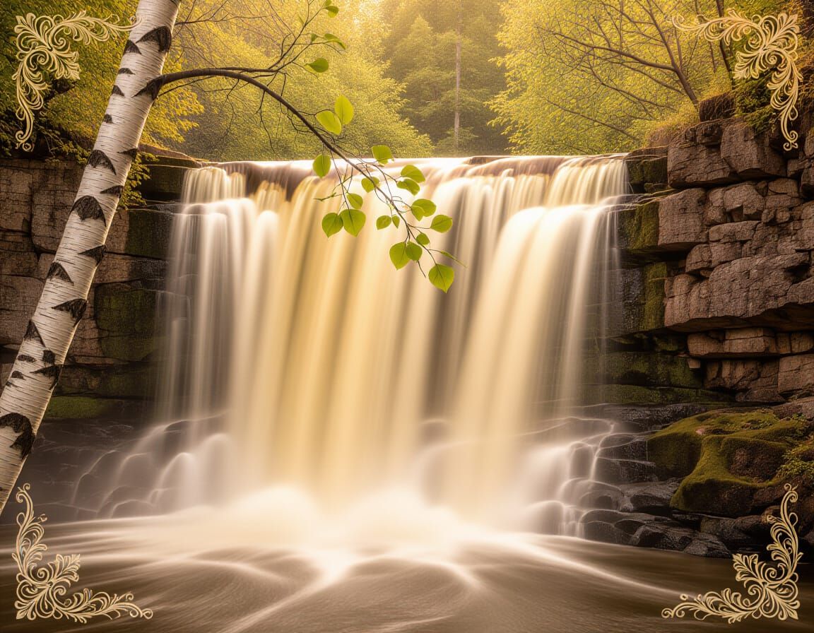 Sepia Waterfall Memory with Green Leaf Accent