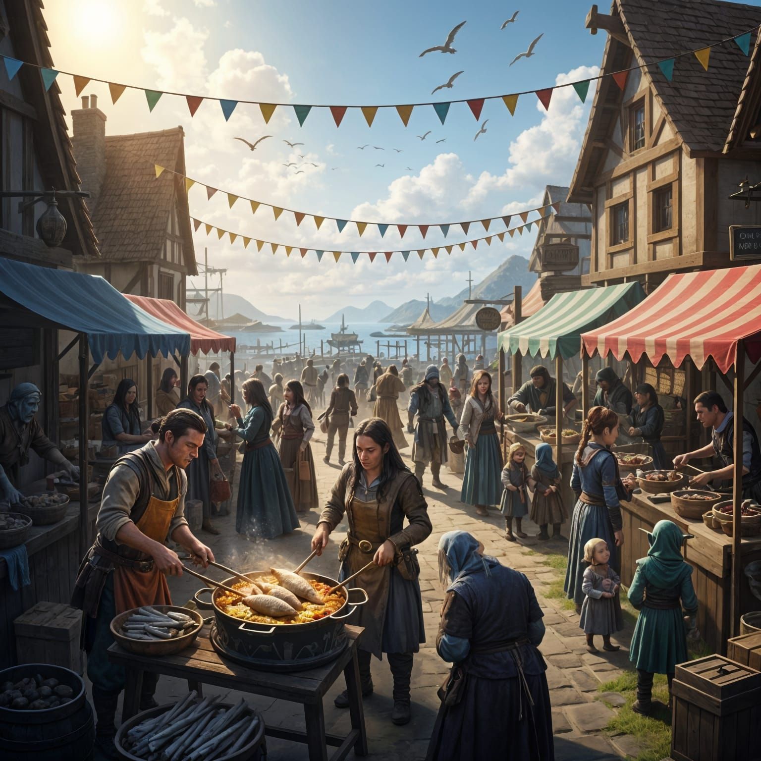 Lively Fantasy Village Street Scene with Spring Festival