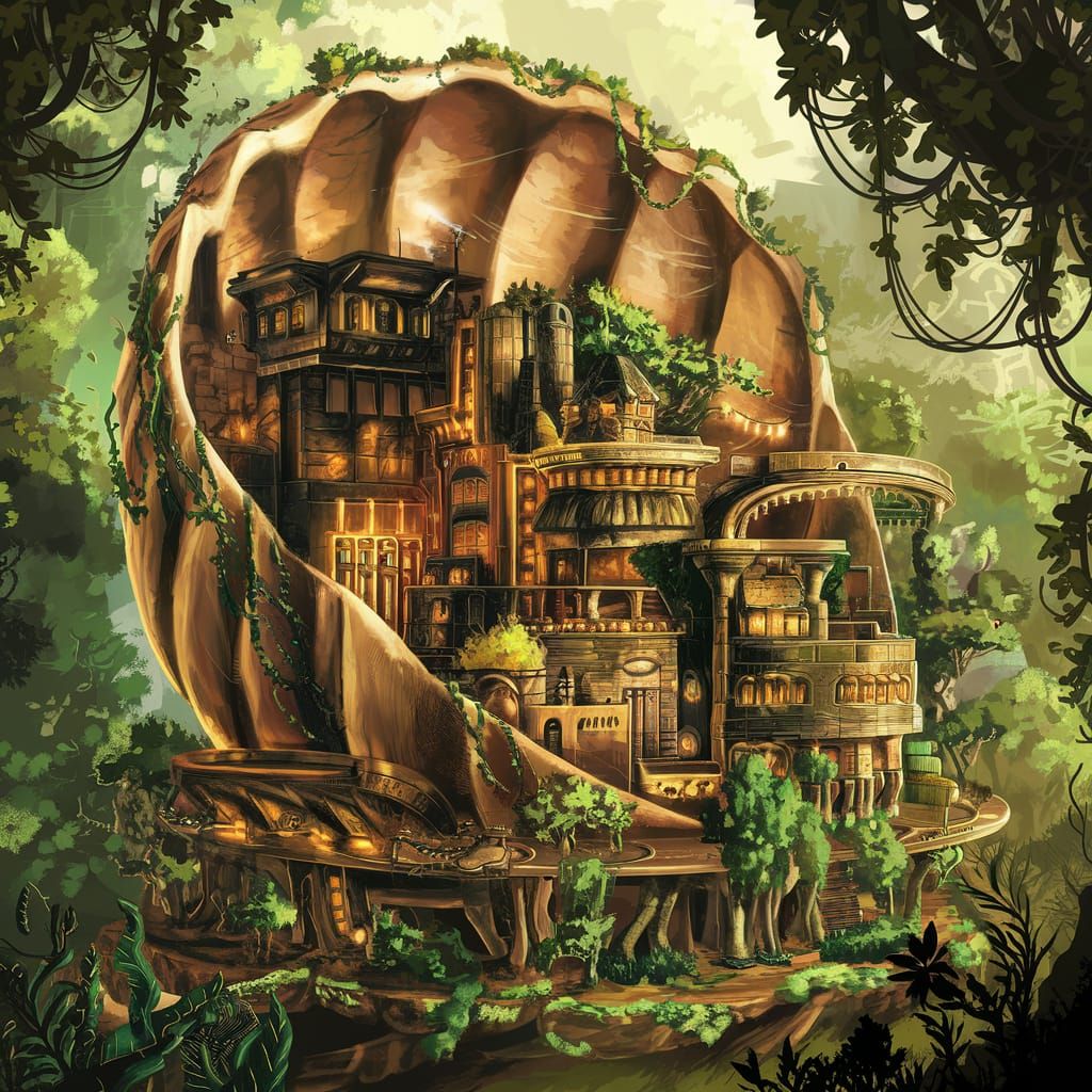 Luminous City Inside Seashell in Forest