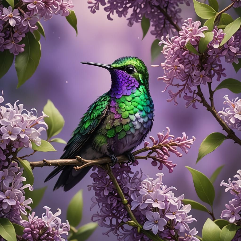 Hummingbird on Lilac Branch, Disney-style Matte Painting