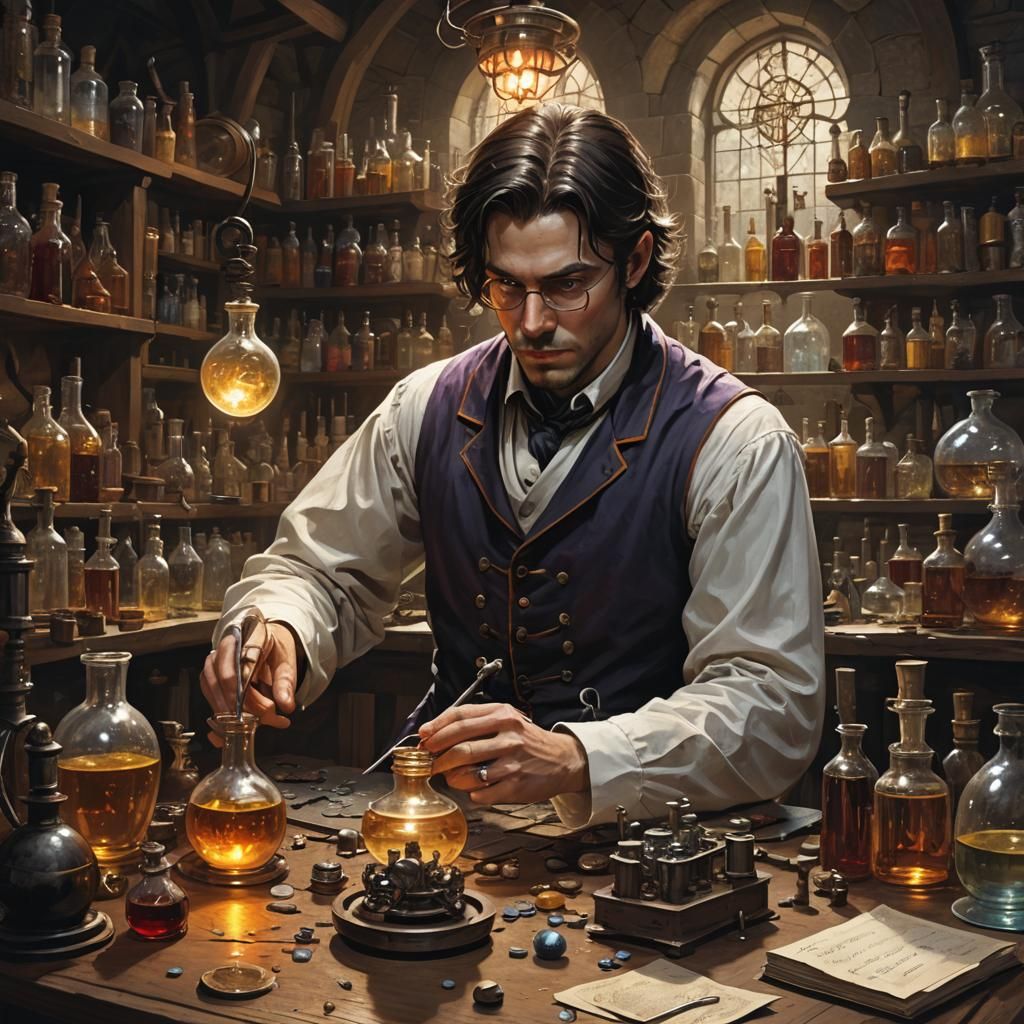 Sinister Alchemist in Laboratory, Greg Rutkowski Style