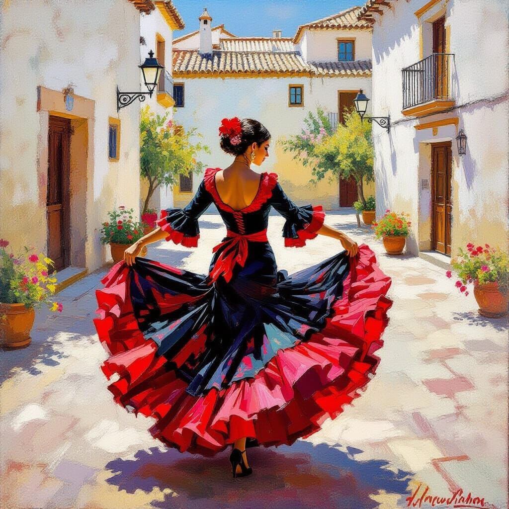 Flamenco Dancer in Cadiz Courtyard, Spanish Art Style