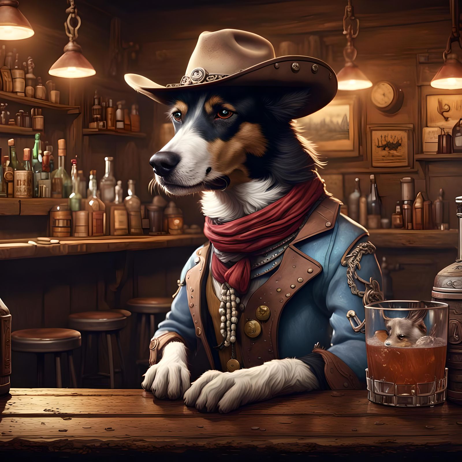 Old west anthropomorphic dog,  getting a drink at the bar