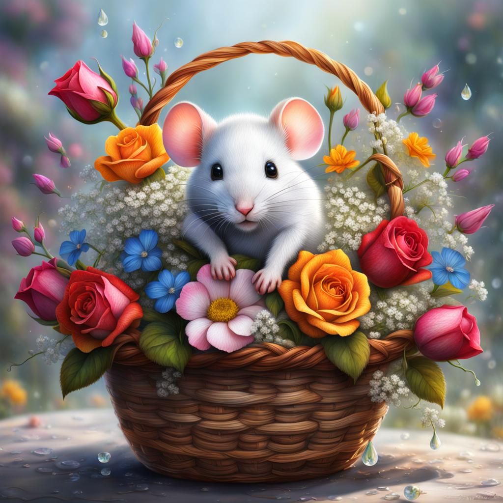 Basket of Flowers with Mouse, Oil Painting