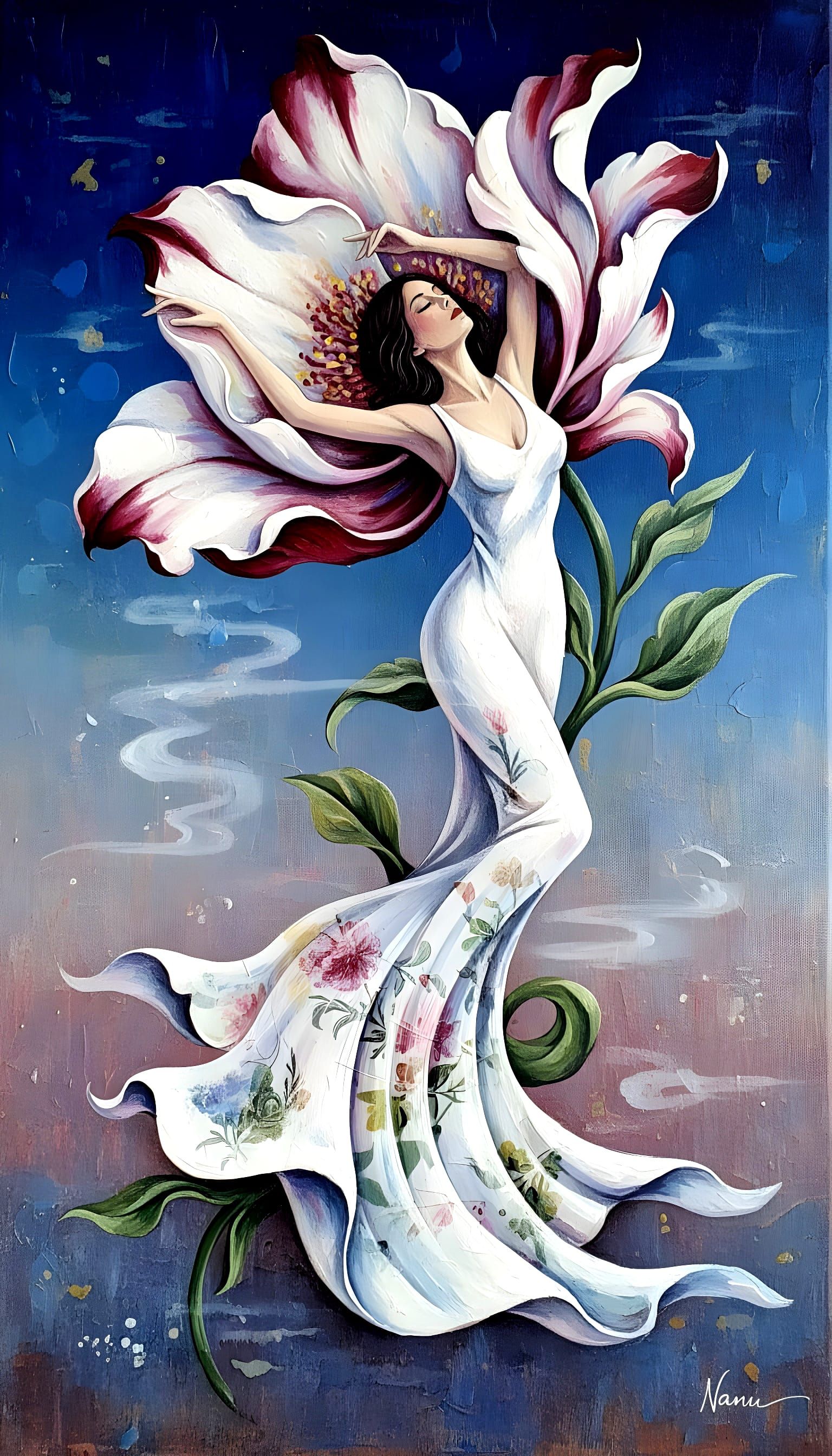 Elegant Woman Blends into Giant Flower in Mixed Media Art