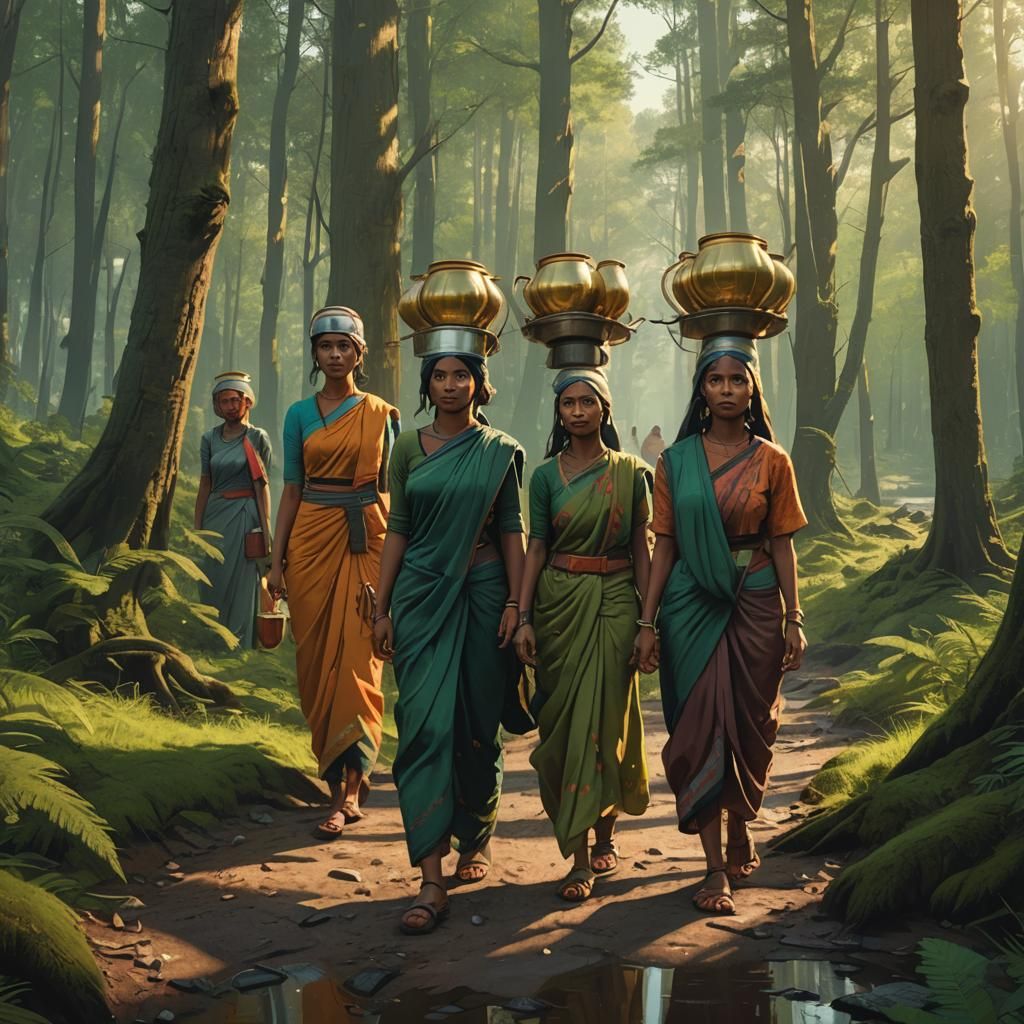 Girls Carrying Pitchers in Lush Forest, Fantasy Art