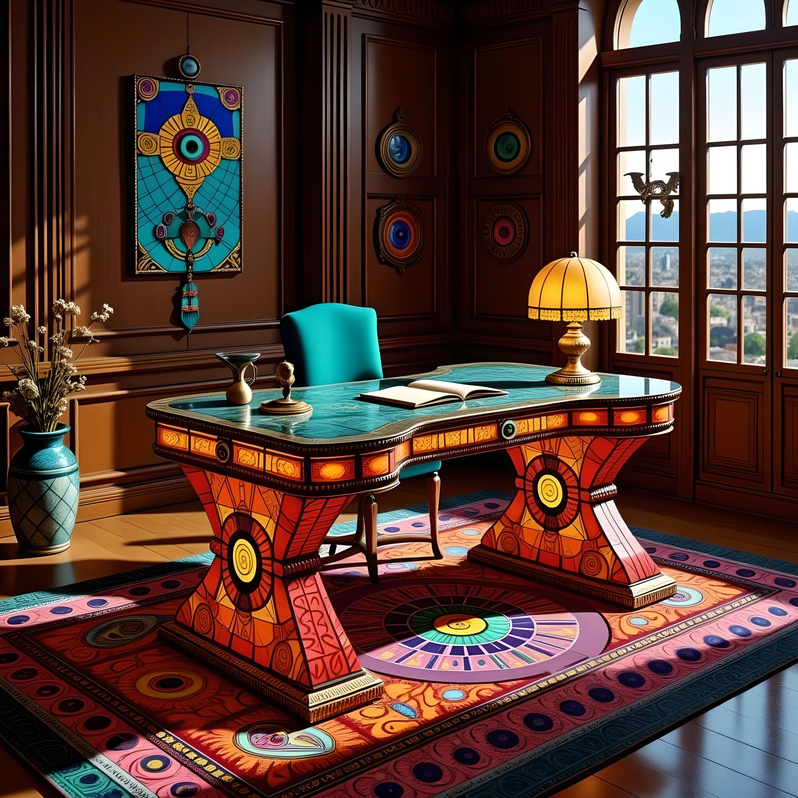 Stained Glass Desk with Vibrant Colors in 3D