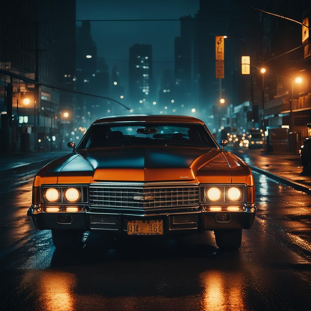 Gangster Car Speeds Through City in Film Still