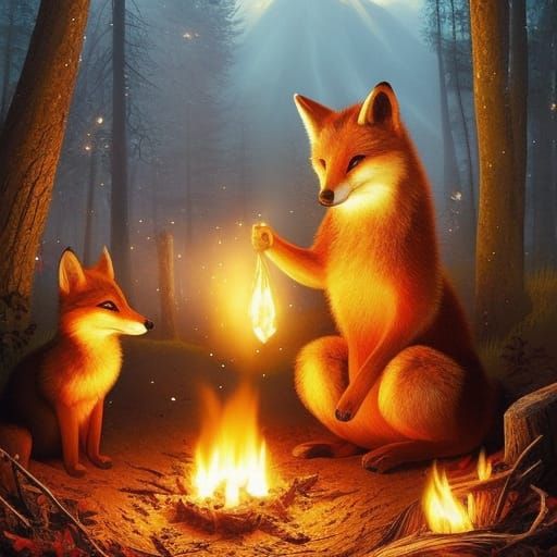 Whimsical Foxes Campfire Under Starry Night Sky