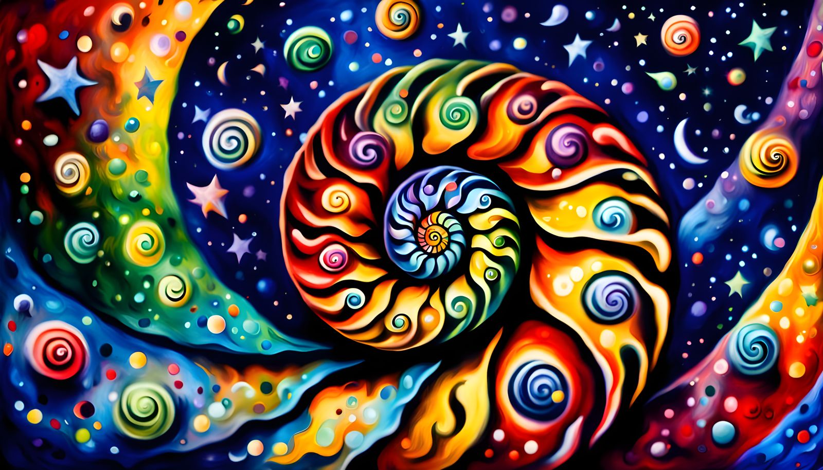Whirling Cosmic Ammonite in Vibrant Rainbow Hues