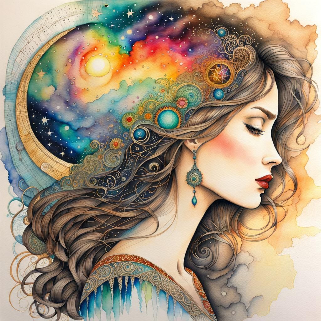Cosmic Woman: Watercolor Pencil Drawing
