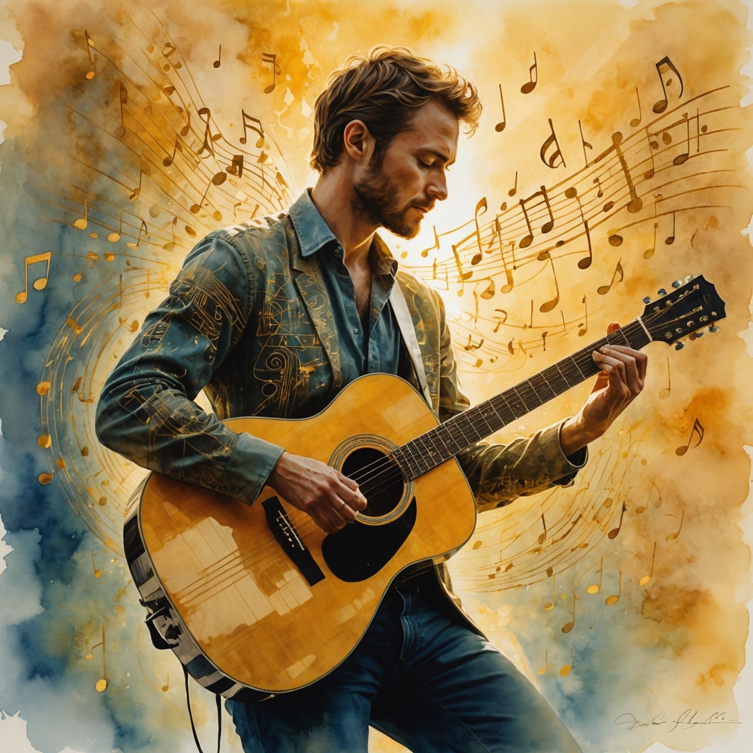 Golden Guitarist in Watercolor Style