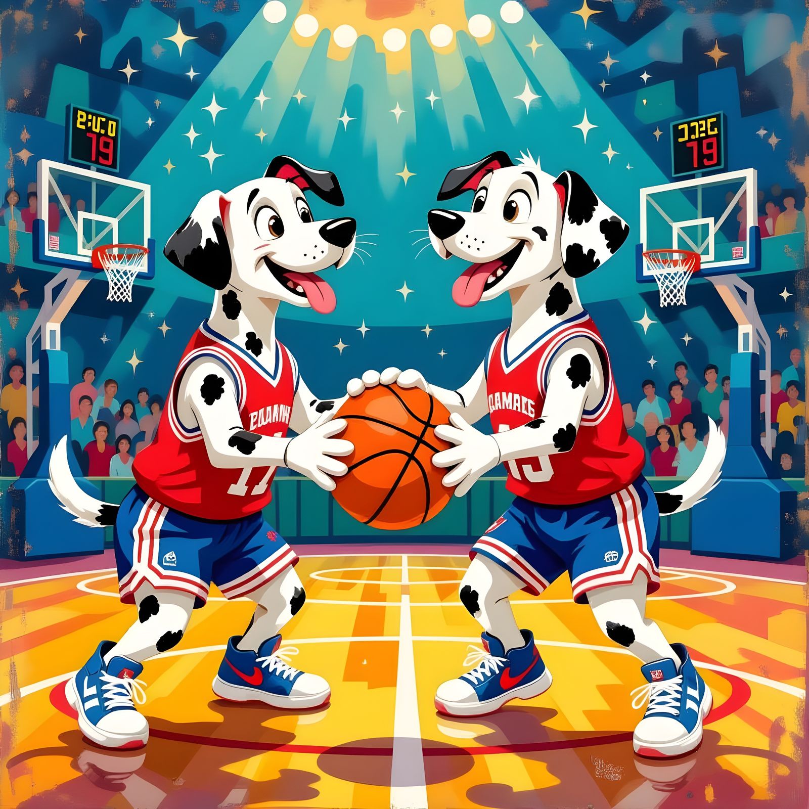 Dalmatians Play Basketball in Impressionist Gouache
