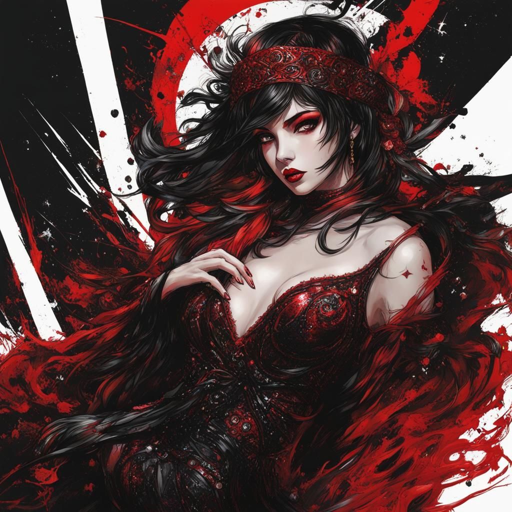 Stunning Tatar Woman in Red and Black Ink