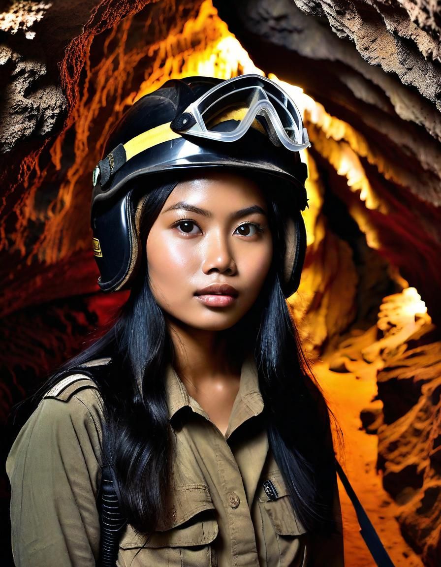 Indonesian Woman Exploring Underground Cave in Hyperrealism
