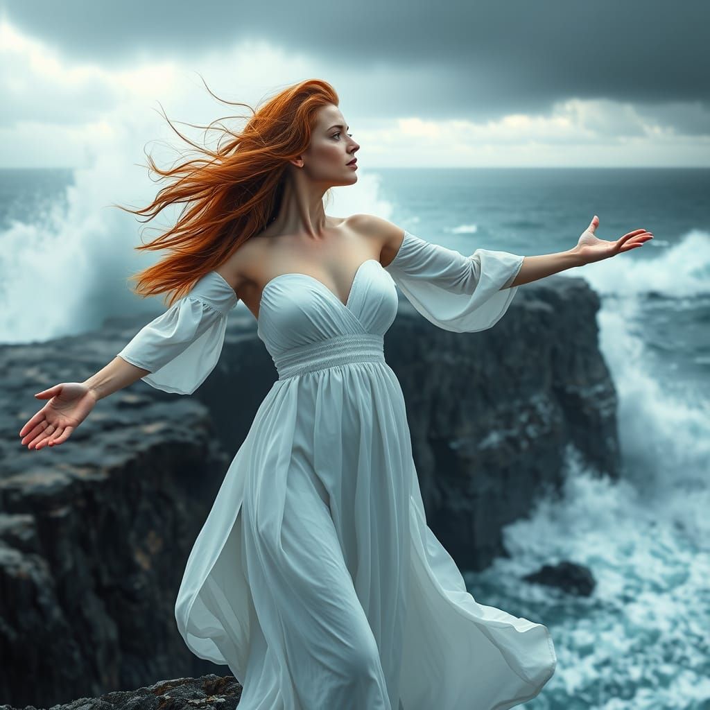 Auburn Haired Evangelist Embracing Turbulent Ocean Storm in ...