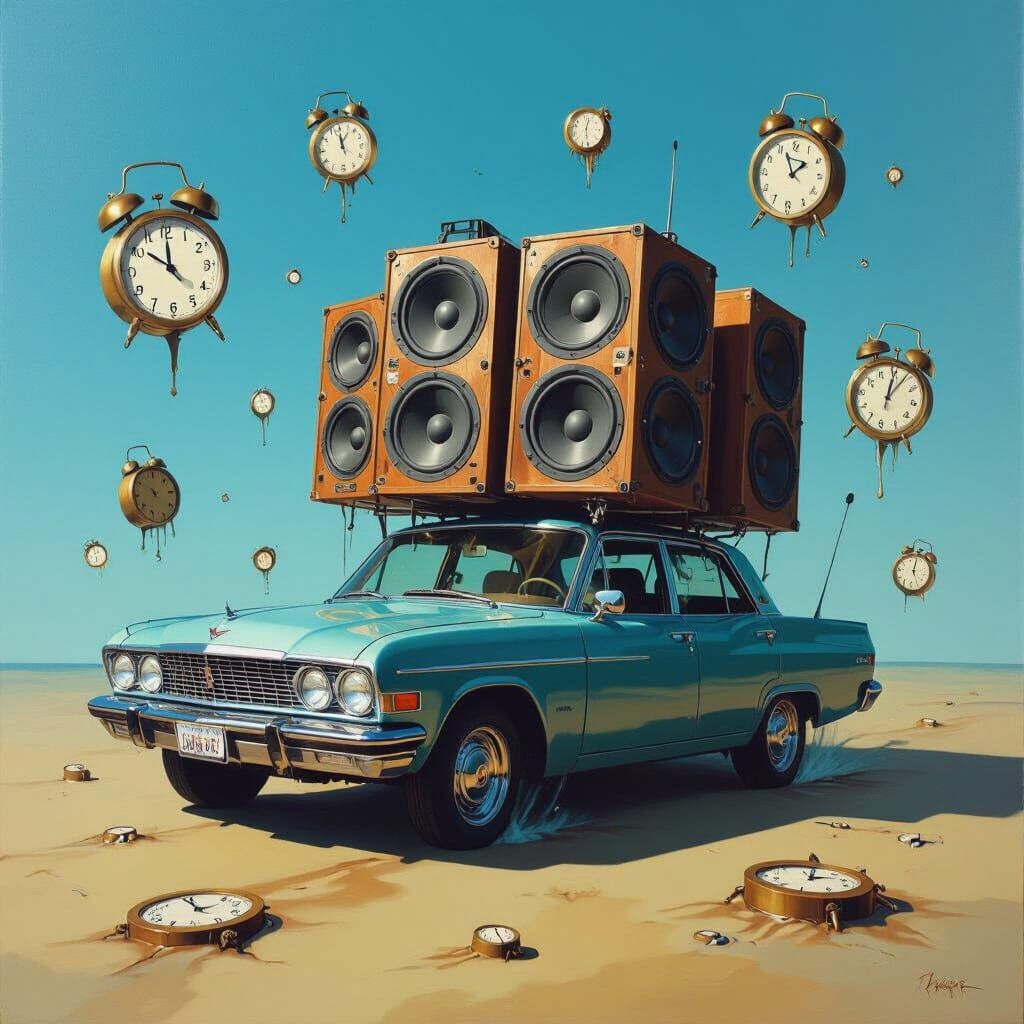 Surreal Car with Loudspeakers in a Dreamscape