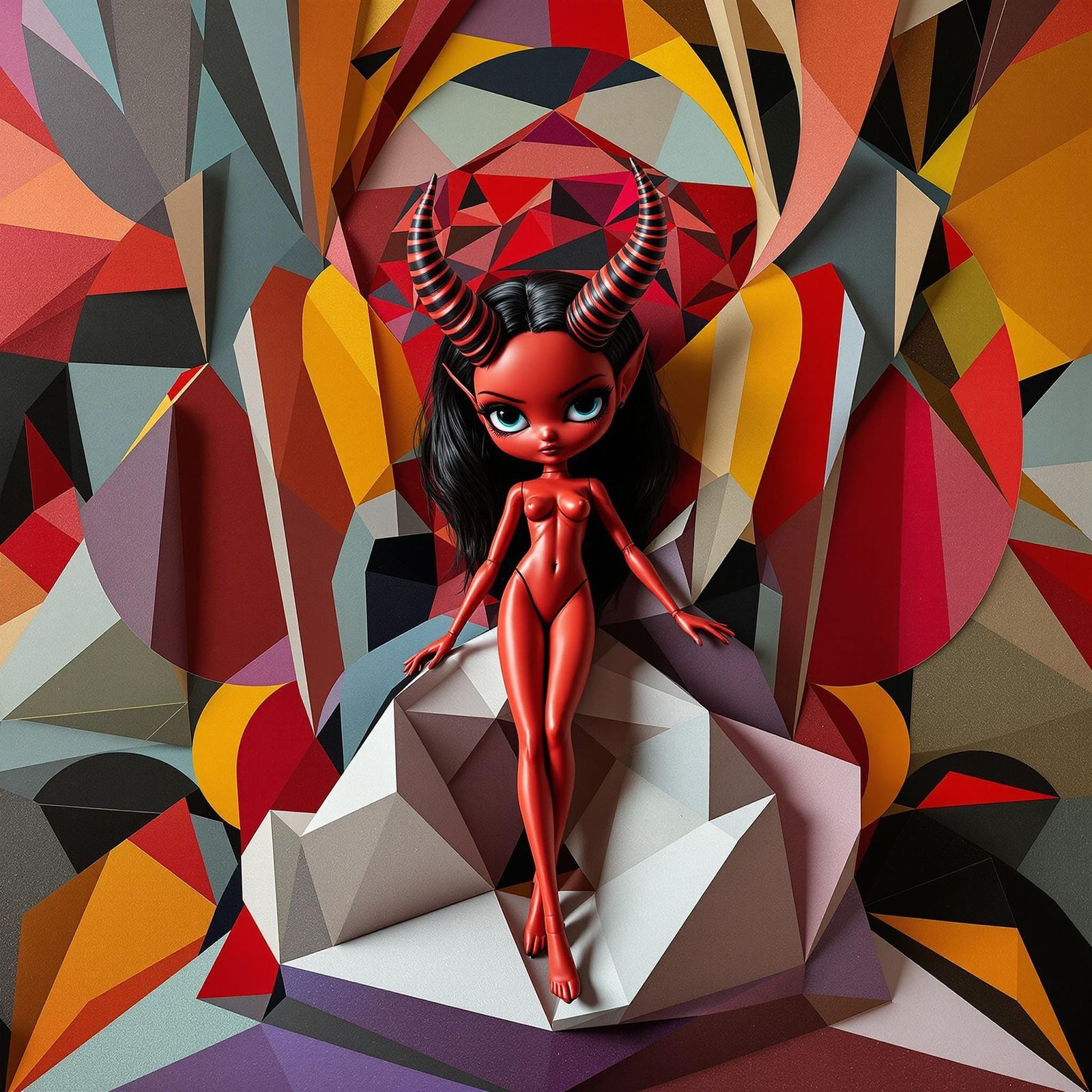 The Devil Blythe Doll in Vibrant Cubist Style