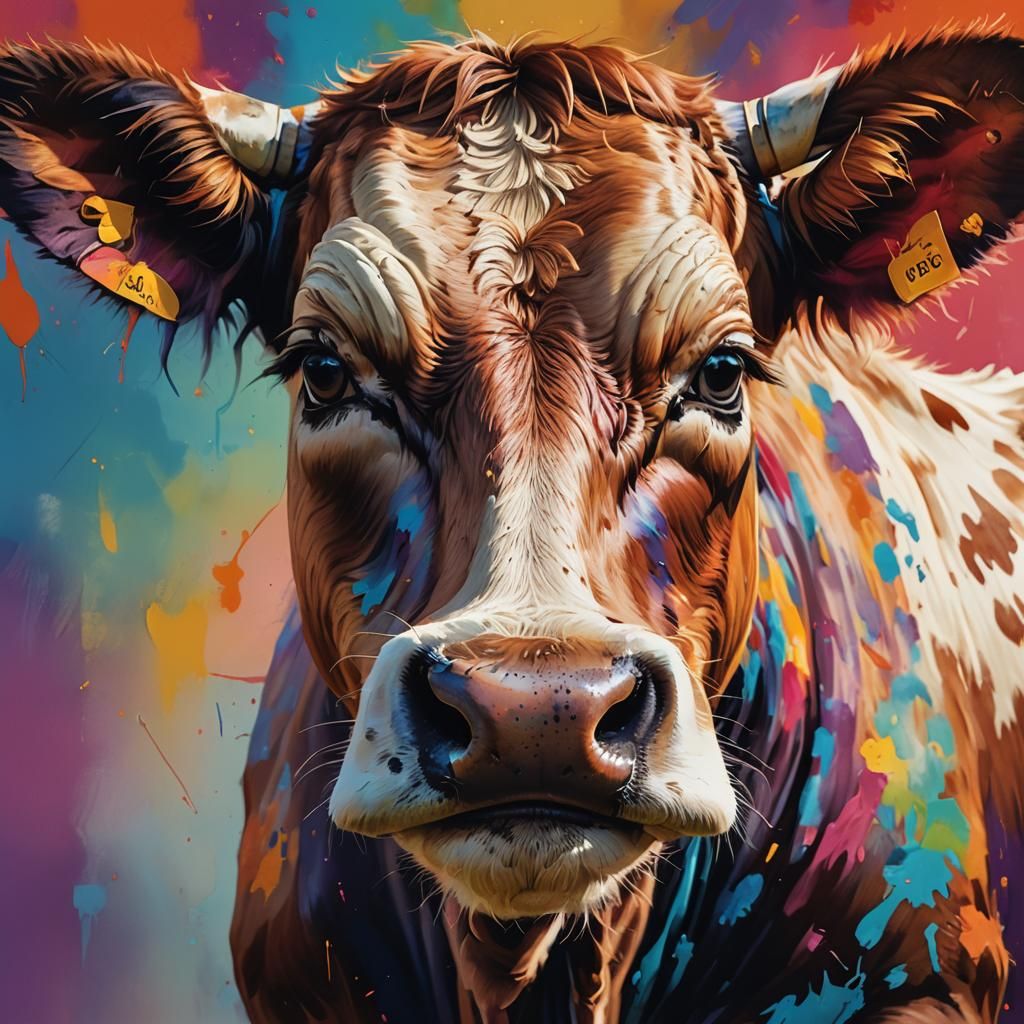 Hyperrealistic Cow Portrait with Colorful Background