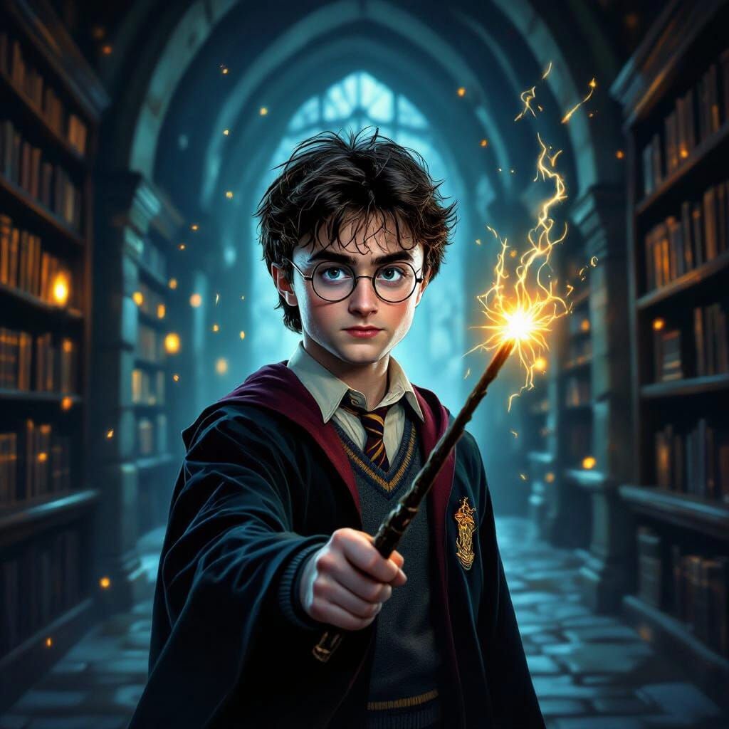 Young Wizard Harry Potter in Hogwarts Corridor