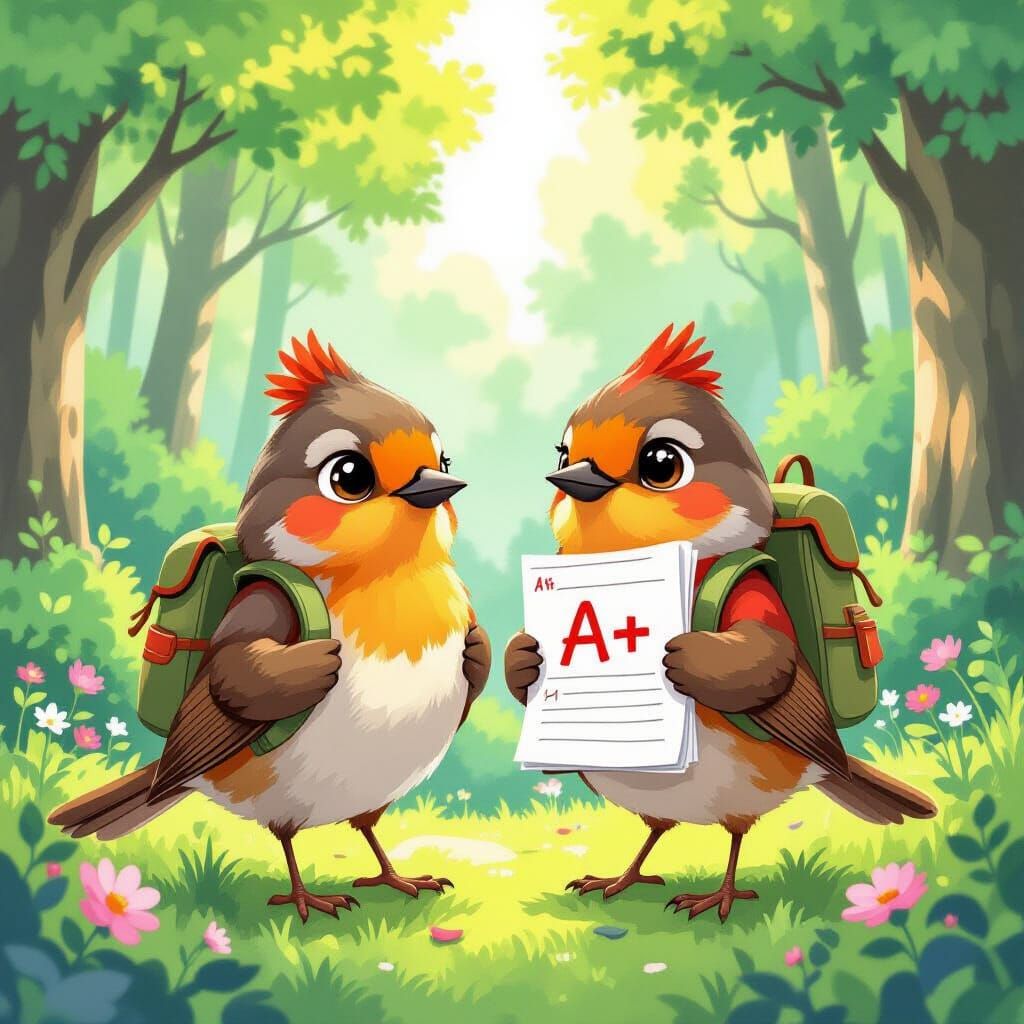 Proud Robin Shows Off Homework in Ghibli Forest