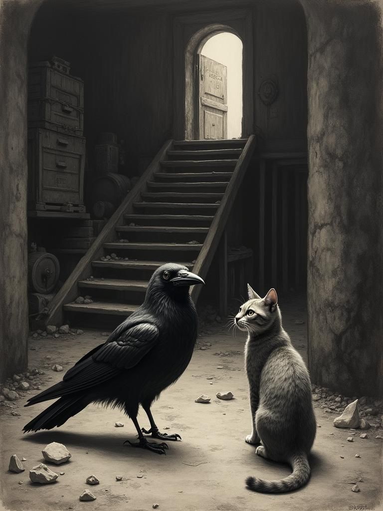 Abandoned Printer's Cellar in Beksiński Charcoal Style