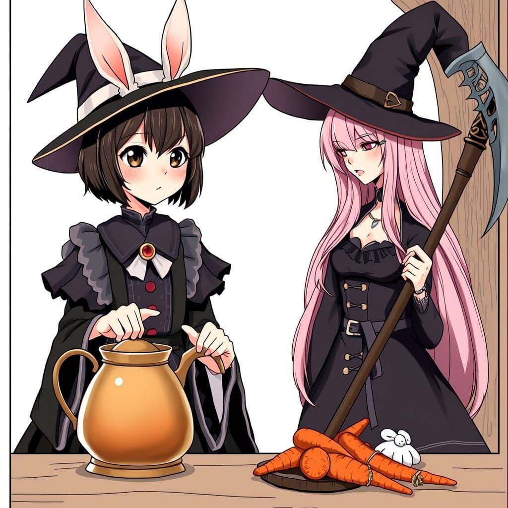 Cute Witches Stewing Carrots for Rabbits in Manga Style
