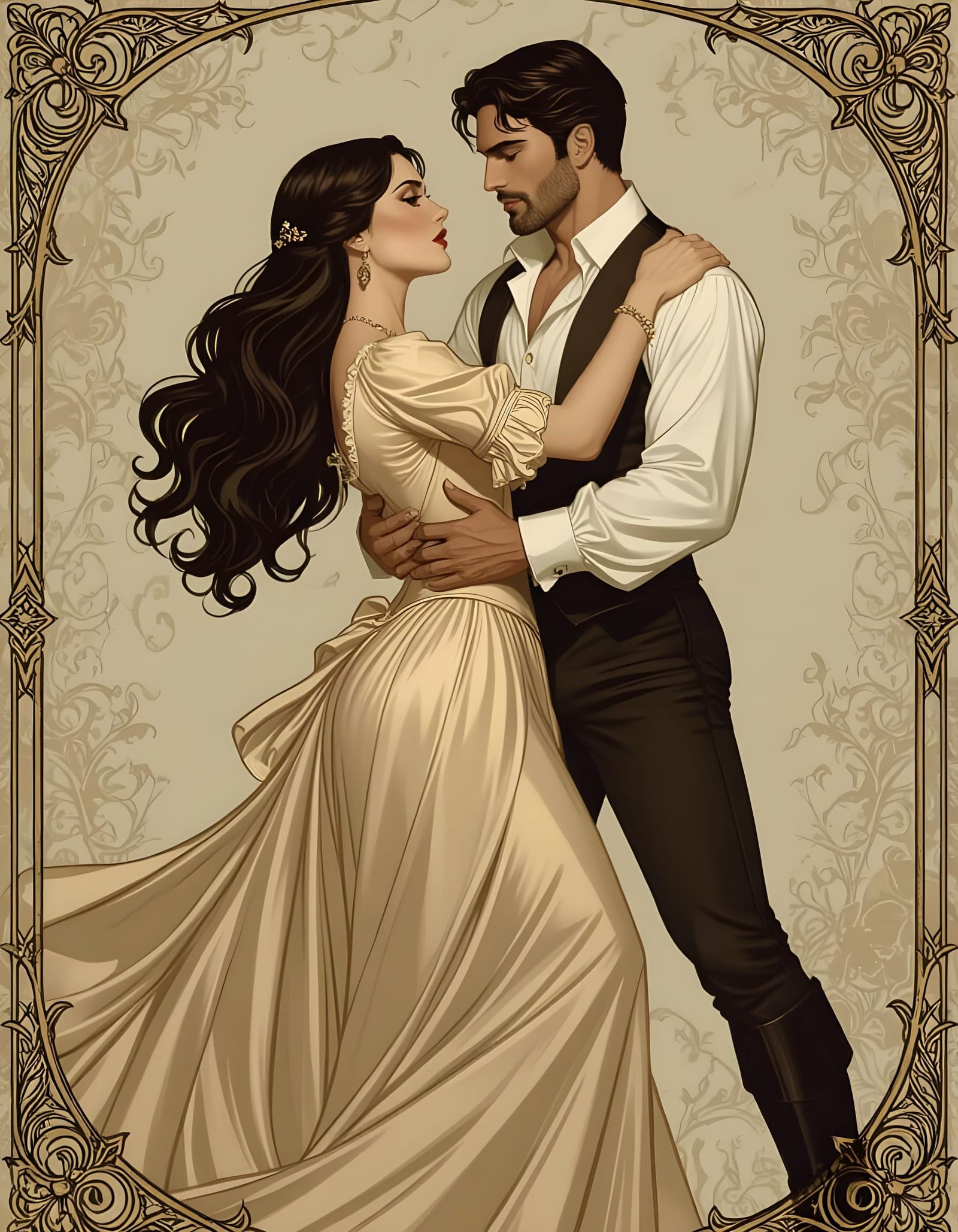 Gothic Portuguese Woman in Victorian Gown Embraced by Man