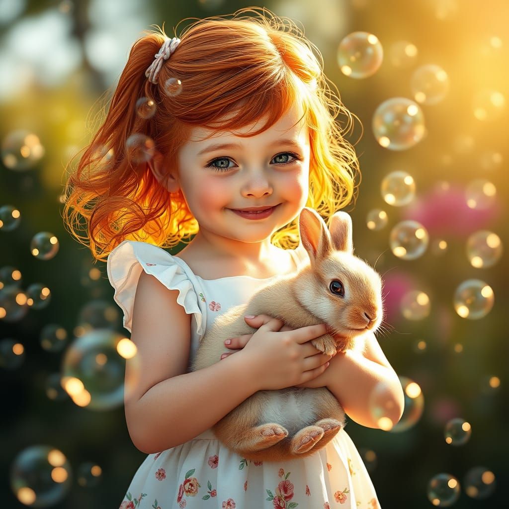 Whimsical Photorealistic Girl and Bunny Scene in Floral Sund...
