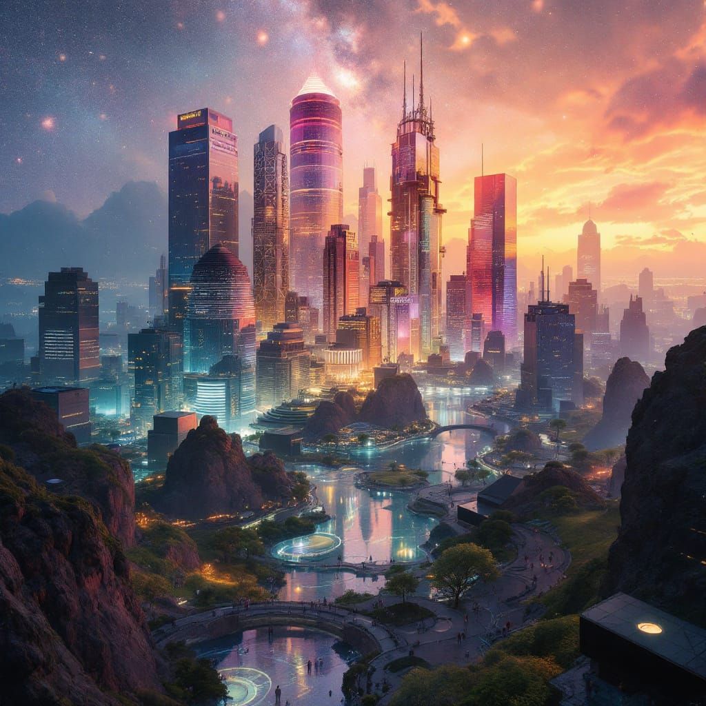 Futuristic City in Galaxy Glass: Atmospheric Perspective