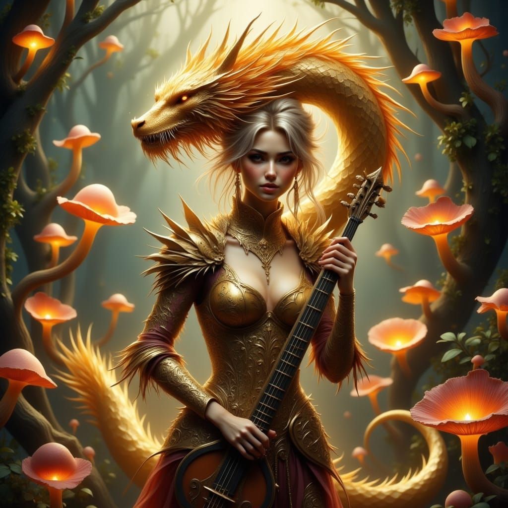 Golden Dragonborn Bard in Ancient Mystic Forest