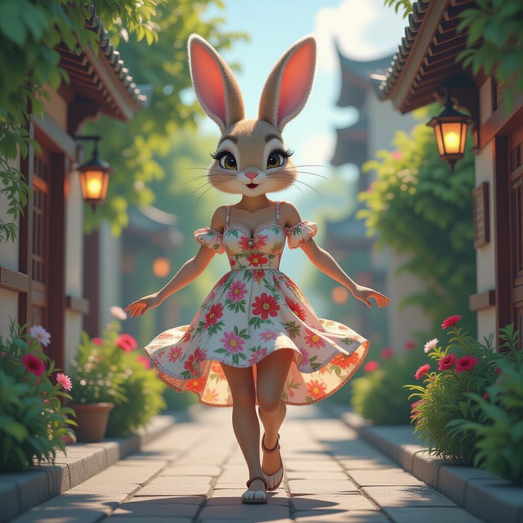 Anthropomorphic Rabbit Woman in Floral Sundress