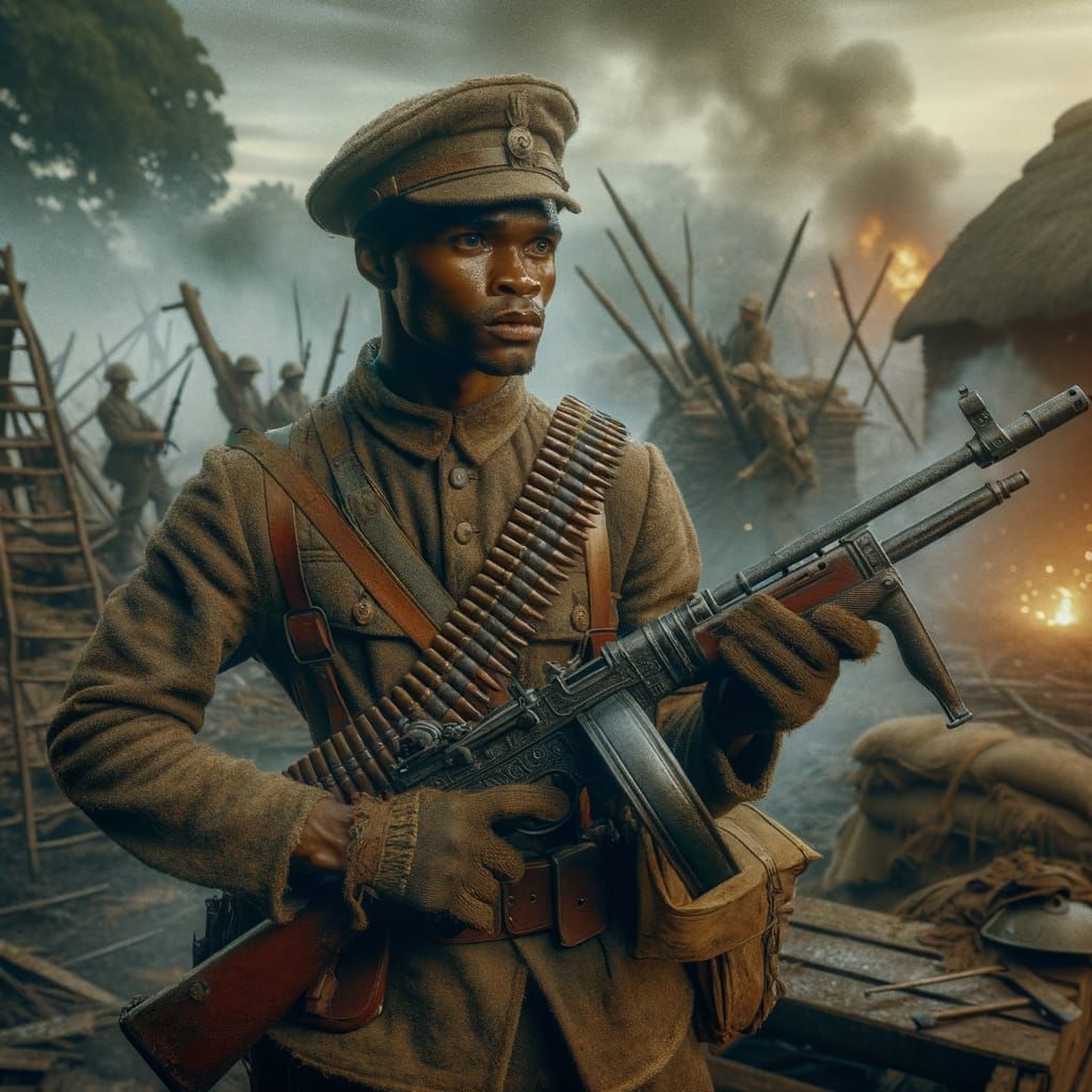 Bantu Soldier with Anti-Tank Rifle on Battlefield