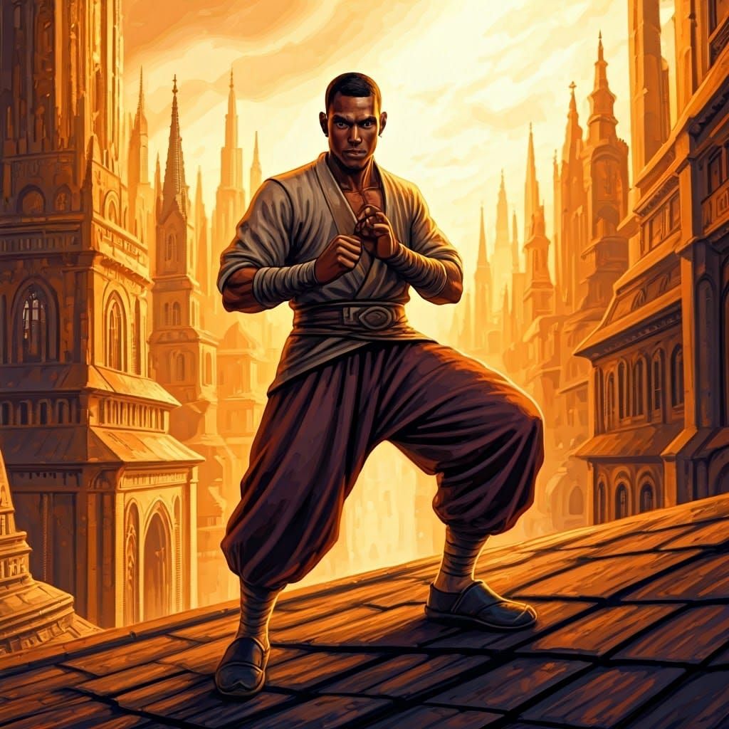 Dynamic Warrior Monk in Gothic Fantasy Cityscape