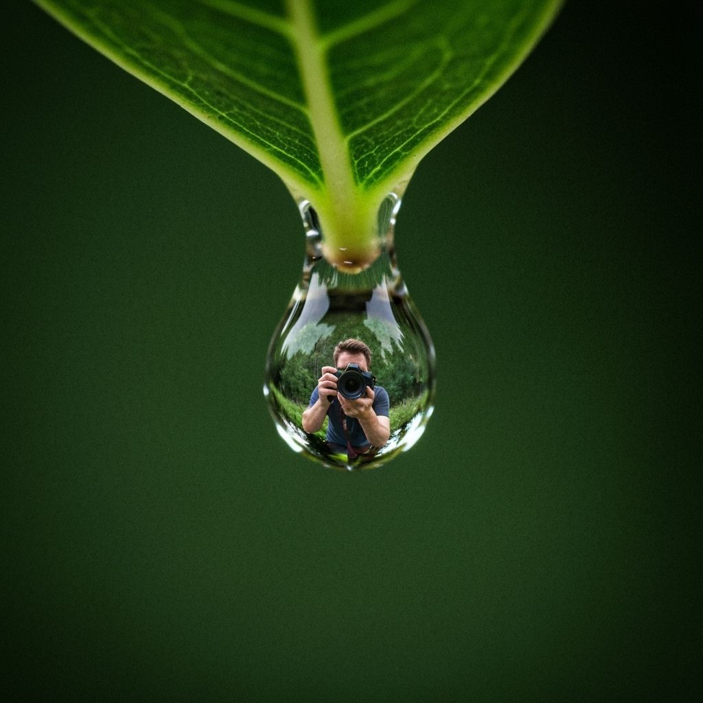 Photographer Reflection in Water Droplet: Cinematic Still