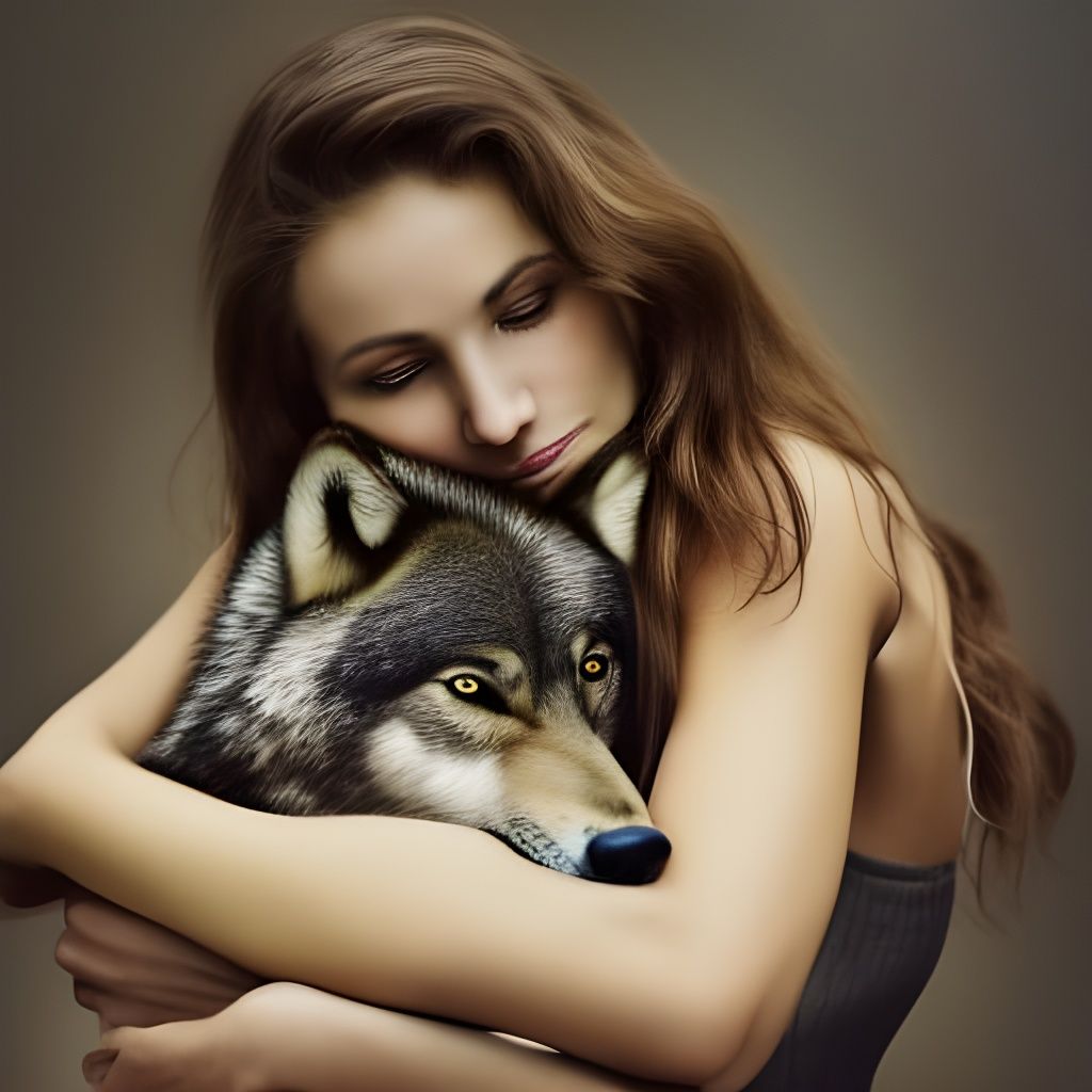Woman Hugging a Wolf