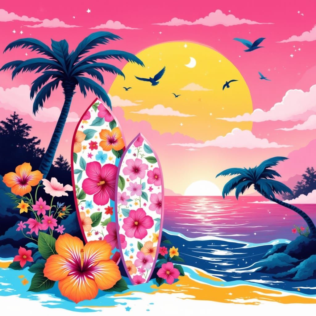 Frutiger Aero Pink Beach with Hibiscus Flowers and Surfboard...