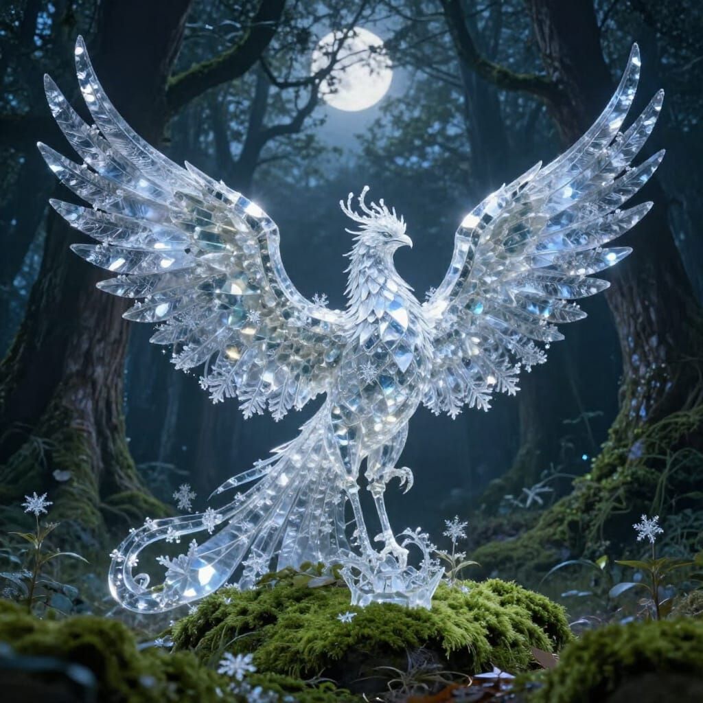 Crystalline Phoenix Rises in Ethereal Forest