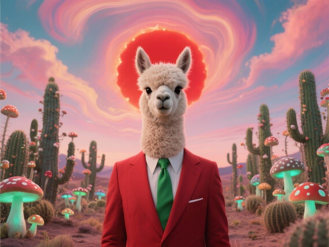 Alpaca in Red Suit with Psychedelic Sky, Surreal Mushrooms