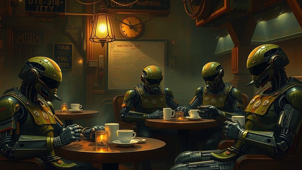 Robotic Automaton Cafe Scene in Cyberpunk Style