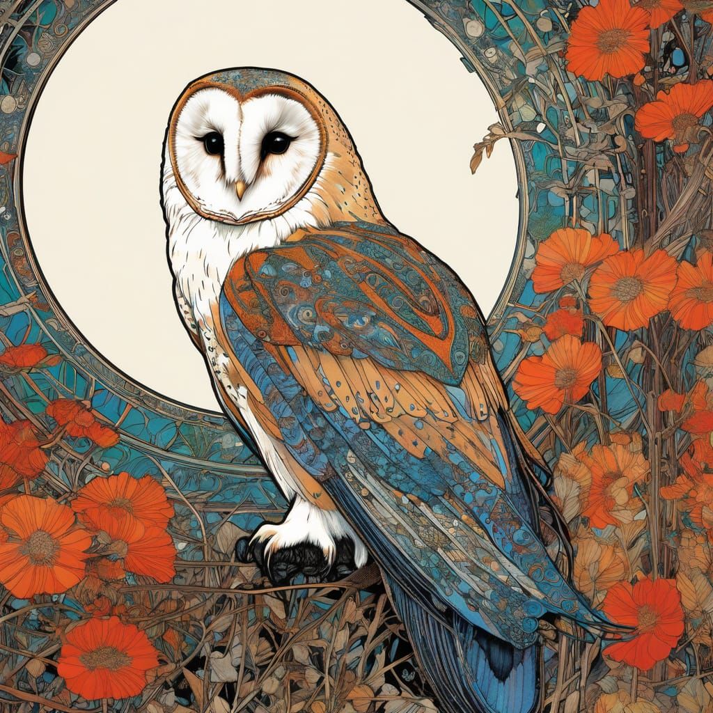 Intricate Line Drawing of a Barn Owl in Whimsical Style