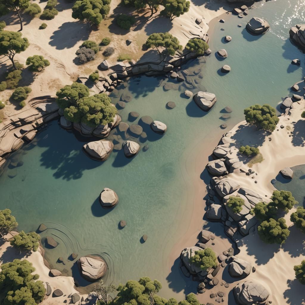 Rock Pools and Eucalyptus Trees in 3D Render Style