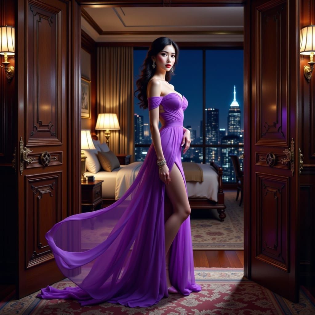 Midnight Beauty in Flowing Violet Dress