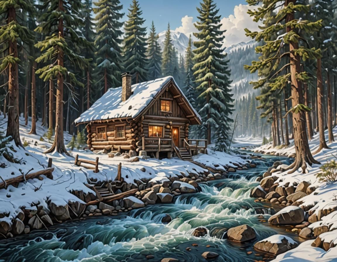 Winter Cabin by a Stream: Digital Painting