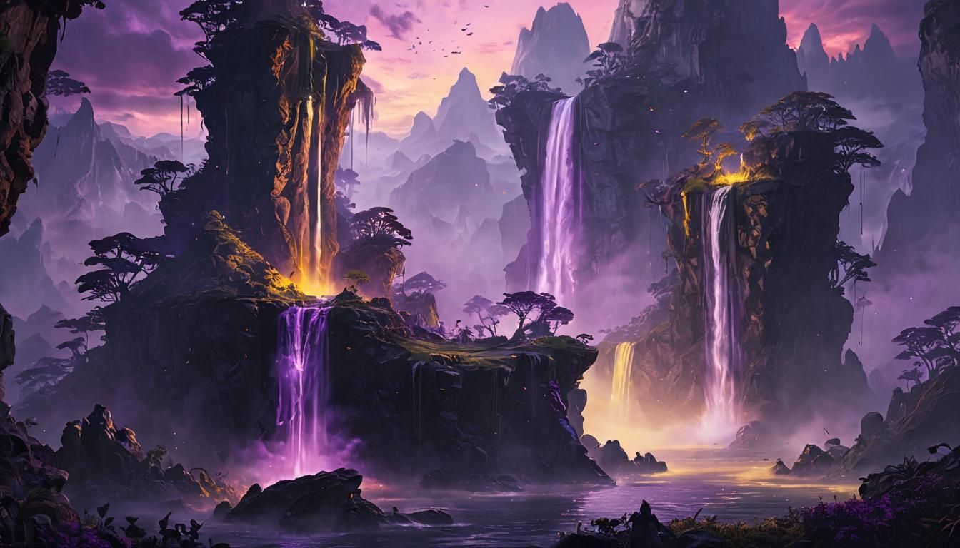 Floating Islands with Waterfalls: Dark Fantasy Concept Art
