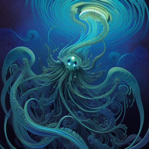 Bioluminescent Jellyfish Gliding Through Deep-Sea Trench